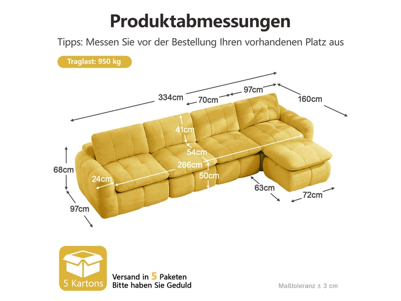 Canapé d'angle en l 4 places sans cadre, canapé modulaire, housse chenille jaune, sans montage, 1 pouf pour salon et appartements - Conforama C