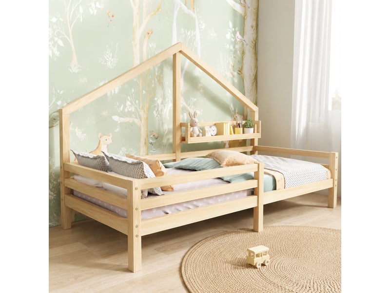  Lit cabane enfant avec étagère 90x200 cm en pin naturel  - Conforama C