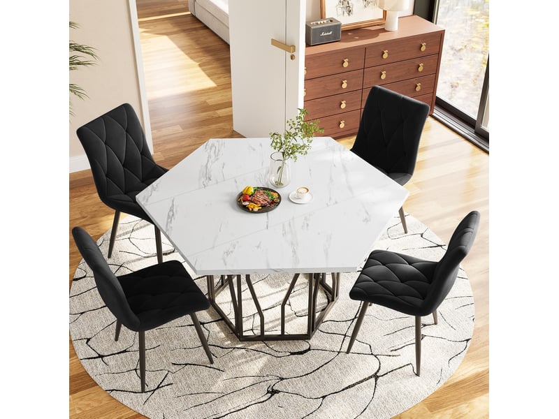  Table hexagonale moderne 115,5x100x75cm, support en forme de branche, motif marbre (non en marbre), mdf, blanc et noir  - Conforama C