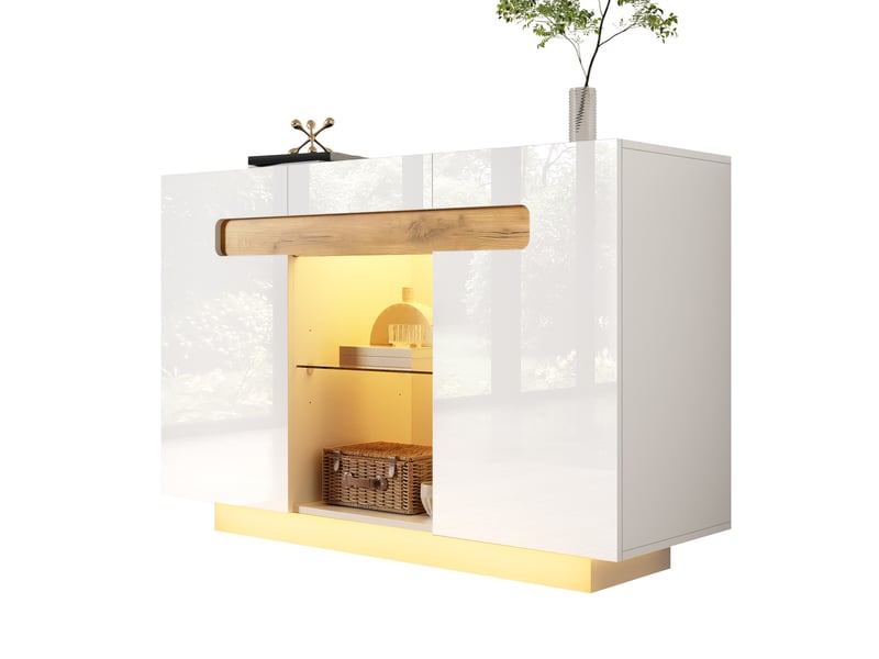  Buffet blanc et bois naturel 120x40x80 cm, meuble bas moderne avec étagères en verre et led intégré pour salon ou cuisine  - Conforama A