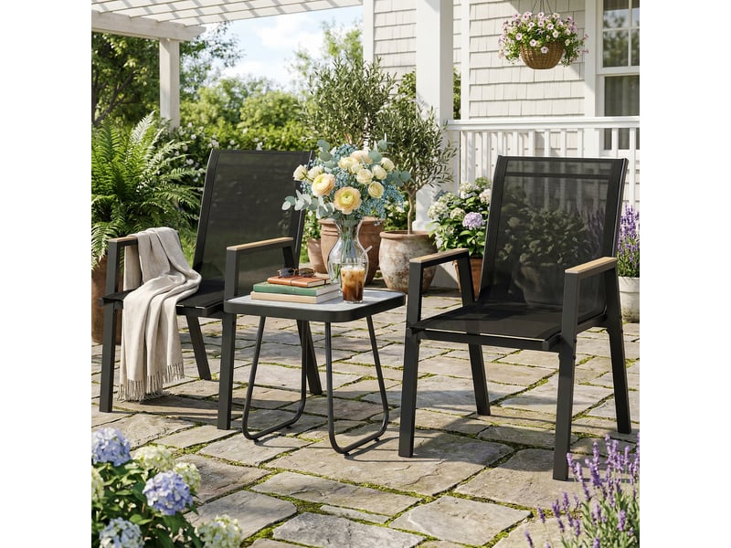 Ensemble de jardin 3 pièces comprenant 2 chaises respirantes et une table carrée, en métal, dpc et textilène noir - Conforama D