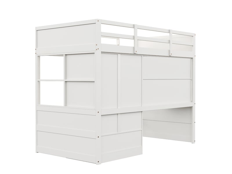  Lit mezzanine enfant 90x200 cm – blanc – bureau, armoire et tiroirs intégrés, avec sommier, sans matelas  - Conforama E