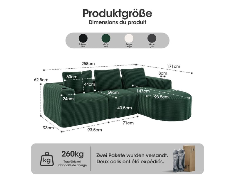  Canapé double en velours côtelé vert rétro 265 cm avec 3 coussins et porte-gobelets BES-SD-B063RG - Conforama C