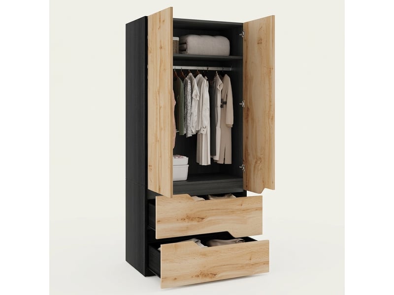  Armoire 2 portes 90x50x200 cm finition chêne avec penderie et 2 tiroirs  - Conforama W