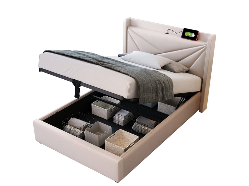  Lit coffre 90 x 200 cm - lit simple avec charge usb type c et sommier à lattes - coton et bois - avec matelas - gris  - Conforama A