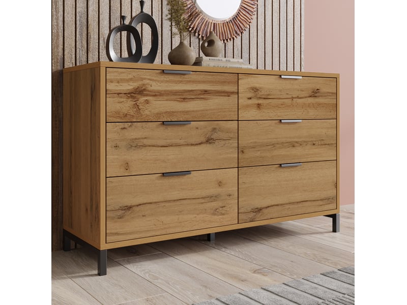  Commode à 6 tiroirs style industriel – chêne foncé – 120 x 40 x 76 cm  - Conforama C