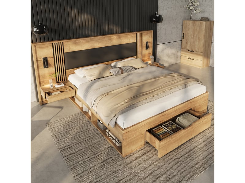  Lit double 180x200 cm en mdf avec rangement, tiroirs, lampe de lecture et 2 tables de nuit naturel chicfurn  - Conforama D