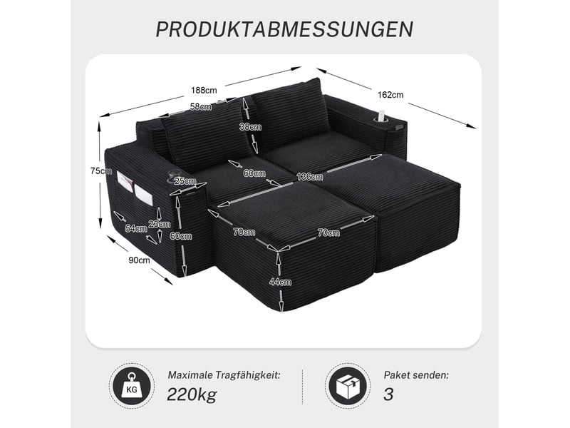  Canapé 2 places avec 2 poufs 188x162x75 cm en velours côtelé noir  - Conforama C