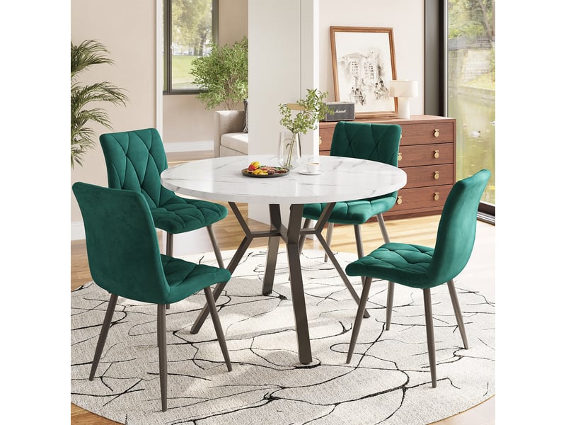  Ensemble table et chaises - table ronde avec 4 chaises velours, ensemble repas moderne pour cuisine ou salle à manger, plateau effet marbre, blanc et vert  - Conforama B