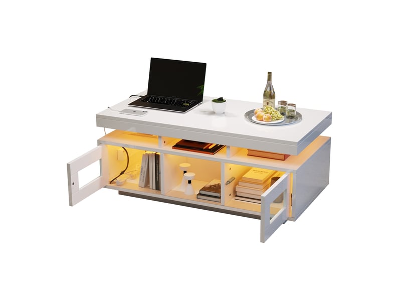  Table basse avec 2 portes, 2 niches, led contrôlée par application, prise et usb pour salon, 100 × 50 × 43 cm  - Conforama A