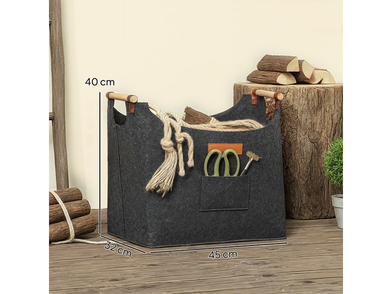 Panier à bûches en feutre pliable 50 l, poignées en bois, charge 15 kg, gris - Conforama E