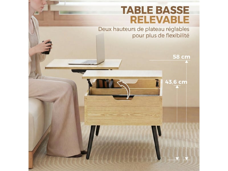  Table basse relevable avec double plateau, bois naturel, table de salon avec compartiment caché et pieds en métal  - Conforama D