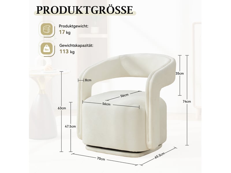  Fauteuil pivotant 360° tonneau avec dossier ergonomique et assise rembourrée en chenille blanche  - Conforama C