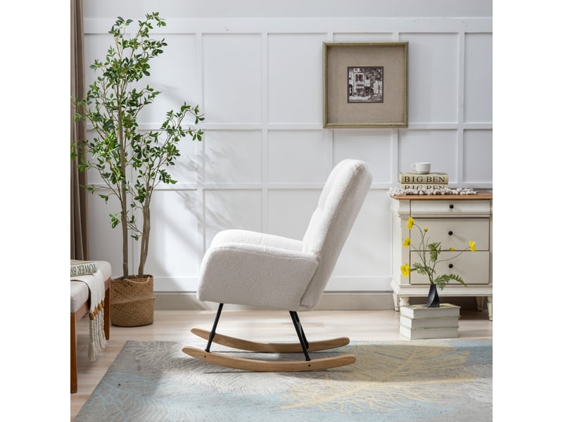  Fauteuil à bascule tissu bouclette avec poche, fauteuil allaitement blanc avec base en bois massif, 65x77x90 cm  - Conforama E
