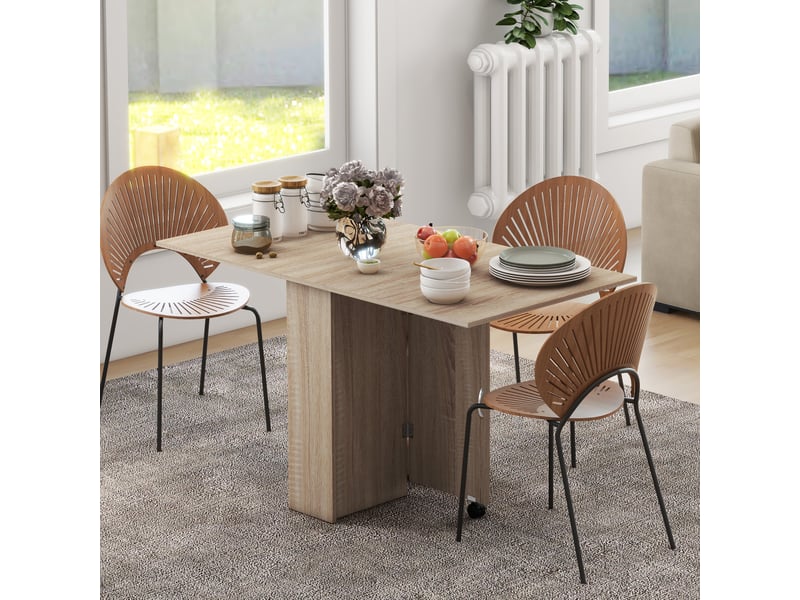  Table pliante en bois naturel avec 2 abattants, 2 étagères et roulettes, idéale pour la cuisine ou la salle à manger. Dimensions : 75 x 140 x 74 cm.  - Conforama C
