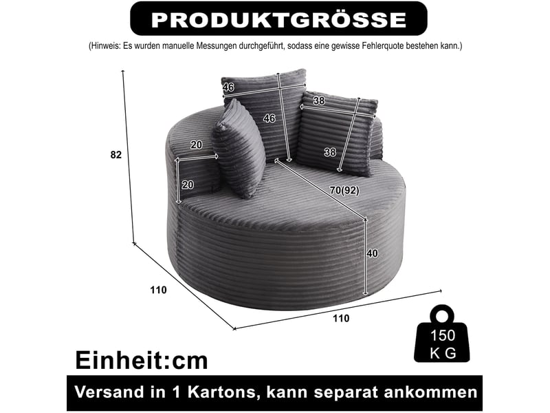  Fauteuil rond 1 place avec 3 coussins et larges accoudoirs en velours côtelé gris, 110 × 110 × 82 cm  - Conforama C