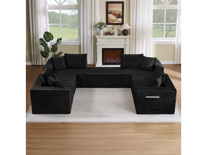  Canapé modulable 8 places en velours côtelé noir, assise souple et modules repositionnables IKSETERA TRADING LTD - Conforama B
