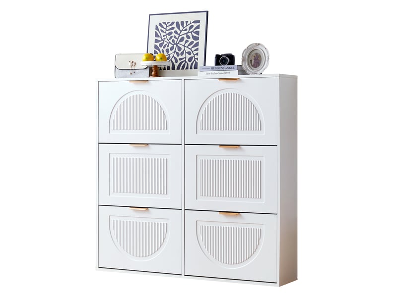  Meuble à chaussures blanc 118 × 25 × 115 cm, mdf et panneau de particules, 6 abattants, rangements ouverts  - Conforama A