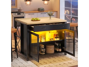 Îlot de cuisine 100x80x90 cm, éclairage led, plan de travail effet bois, pieds réglables, meuble de cuisine, mdf noir