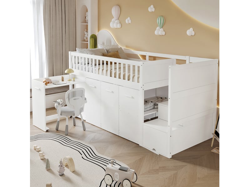 Lit superposé enfant multifonction avec bureau, armoire et rangements, blanc, 90 x 200 cm  - Conforama B