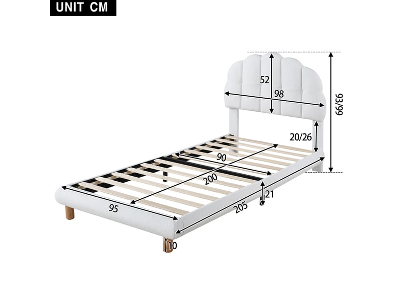  Lit enfant 90x200cm, lit en bois, tête de lit semi - circulaire incluse, lit simple, mdf + velours, rose, sans matelas  - Conforama C