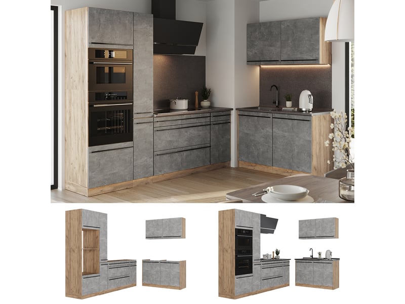 Vicco cuisine en angle, bétonchêne doré, 230 x 120 cm plan de travail chêne doré - Conforama D