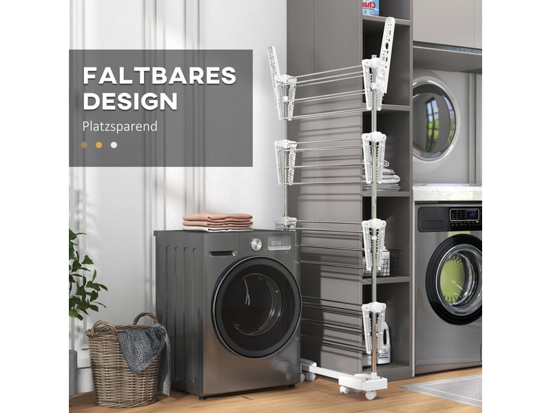  Étendoir à linge mobile, pliable à 4 niveaux, avec roulettes, système de verrouillage, rallonges latérales, abs, blanc  - Conforama R