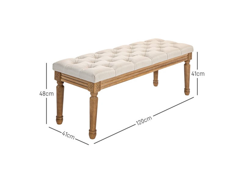  Bout de lit rembourré avec assise capitonnée et pieds en bois sculptés, en polyester crème, 120 × 41 × 48 cm  - Conforama E