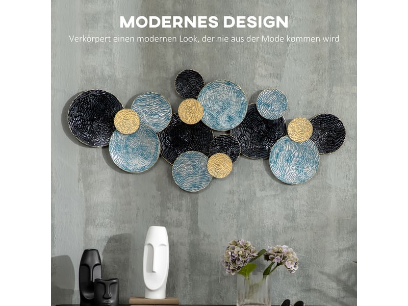  Décoration murale 3d métal 121x53 cm, cercles ondulés dorés, noirs et bleus, déco moderne pour salon et bureau  - Conforama W