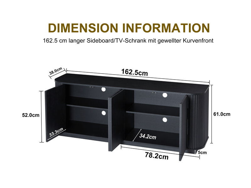  Meuble tv ulevr à 4 portes avec rangement 162,5 x 38 x 61 cm en mdf noir, façade ondulée  - Conforama C