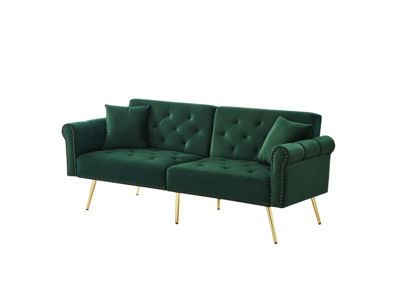  Canapé-lit 2 places 173 cm avec dossier réglable 3 positions, fonction lit, accoudoirs arrondis et pieds métal doré, velours - vert antique  - Conforama A