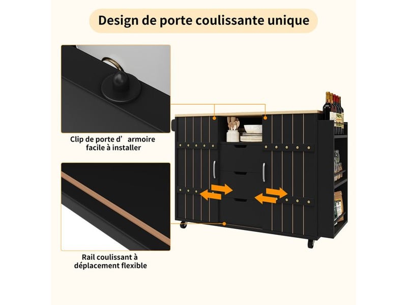  Desserte cuisine noir moderne - plateau pliable (42-70cm), portes coulissantes &amp; 3 tiroirs | idéal petite cuisine  - Conforama C