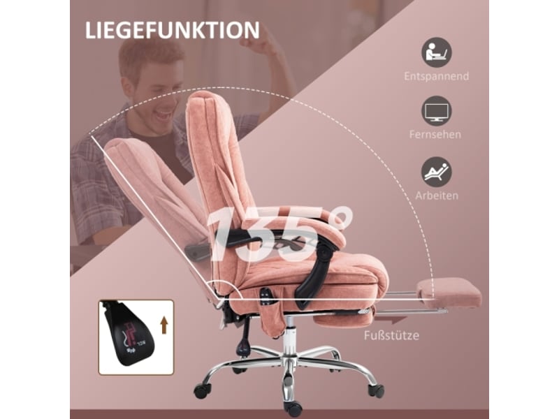  Chaise de bureau massante avec chaleur, inclinable, repose-pieds, télécommande, poche latérale, rose  - Conforama E