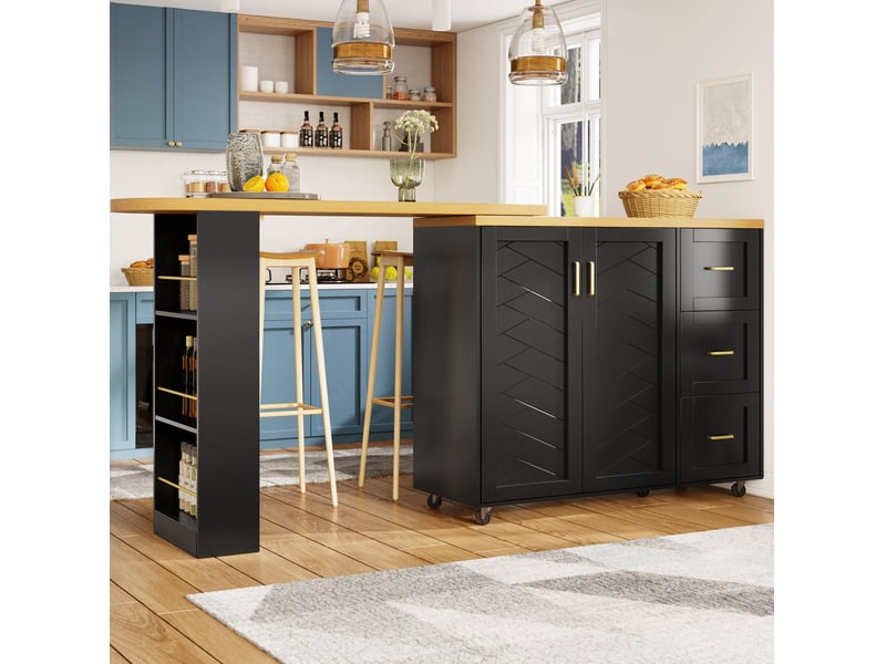 Desserte de cuisine extensible avec 2 portes, 3 tiroirs et roulettes pour cuisine et salon en mdf et métal noir - Conforama B