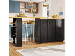 Desserte de cuisine extensible avec 2 portes, 3 tiroirs et roulettes pour cuisine et salon en mdf et métal noir