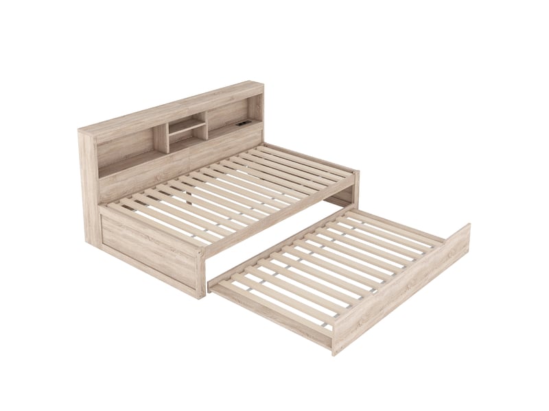  Lit banquette naturel 90x200 cm, lit gigogne, led, rangements, prise et usb  - Conforama E