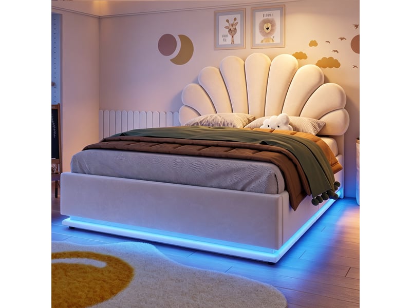  Lit coffre rembourré 140x200 cm coloris beige led velours  - Conforama E