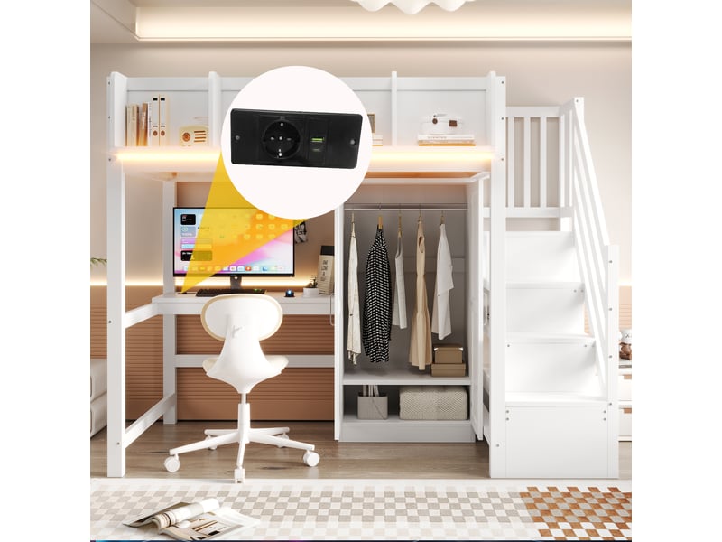  Lit mezzanine 90x200 cm avec bureau et armoire - lit enfant avec rangement, led et sommier à lattes - bois blanc  - Conforama E