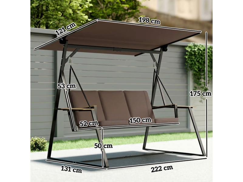 Balancelle de jardin 3 places, toit orientable 60° uv50+, structure metallique 360 kg, bacs lateraux, coussins rembourres, 222 x 131 x 175 cm - Conforama C