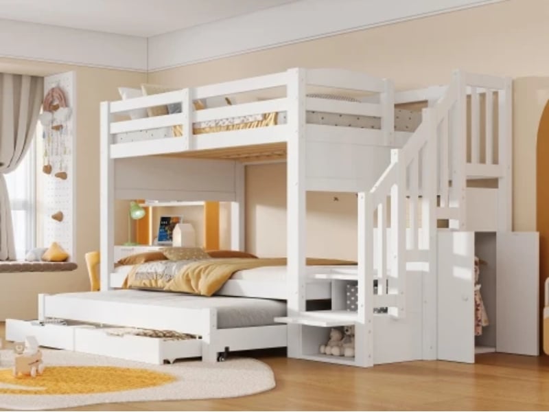  Lit superposé 90 × 200 cm, lit gigogne 90 × 190 cm, bois et mdf, escalier-rangement, armoire, 2 tiroirs, blanc  - Conforama B
