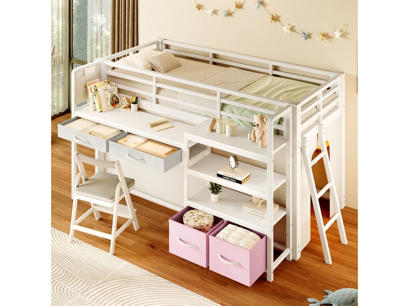 Lit mezzanine métal 90x200 cm - avec bureau et 4 tiroirs - étagères et éclairage led - barrières de sécurité - blanc(sans matelas) - Conforama D