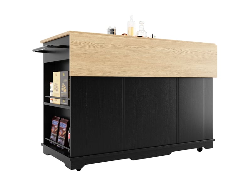  Table de bar pivotante à 360 degrés, îlot central extensible avec porte en verre trempé bombé, meuble bar noir moderne en mdf  - Conforama W