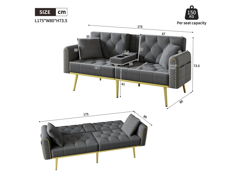 Canapé convertible 2 places 175x80x73,5 cm avec fonction lit, dossier réglable 3 positions, porte-gobelet, coussins, velours et pieds métal doré - gris - Conforama D