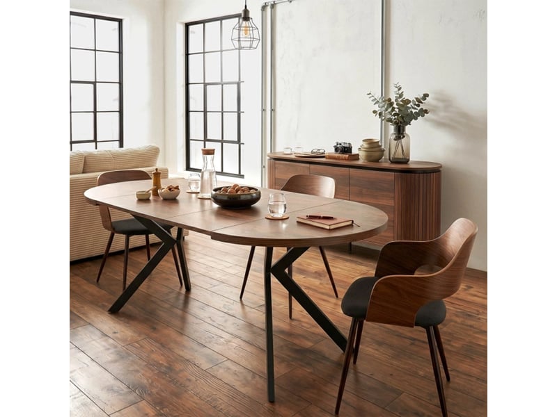  Table à manger ronde extensible couleur bois foncé pieds métal noir  - Conforama B