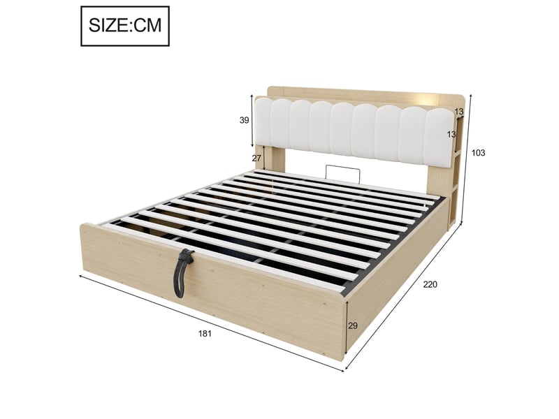  Lit coffre en bois 180x200 cm naturel, rangement hydraulique, tête de lit avec niches, usb et veilleuse Fay Lum - Conforama C