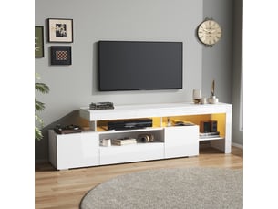 Meuble tv blanc haute brillance 192x37x53 cm avec led et 3 portes, rangement moderne pour tv jusqu'à 85 pouces