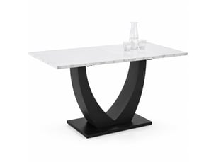 Table à manger rectangulaire 140x75,5cm, finition blanche, effet marbre design moderne, plateau aggloméré, cadre métal, usage cuisine, pieds ajustables