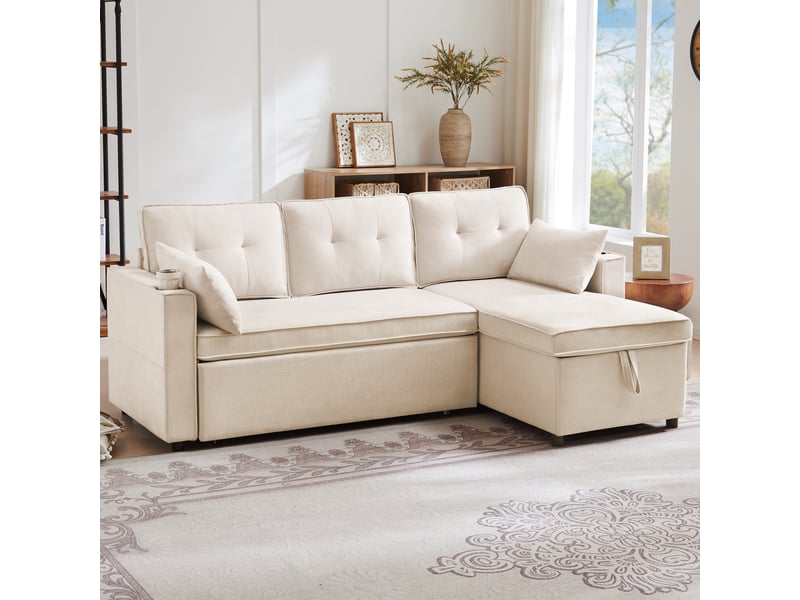  Canapé d’angle convertible en l 3 places avec méridienne réversible, fonction lit, coffre de rangement, porte-gobelets, poches latérales et 2 coussins - beige  - Conforama E
