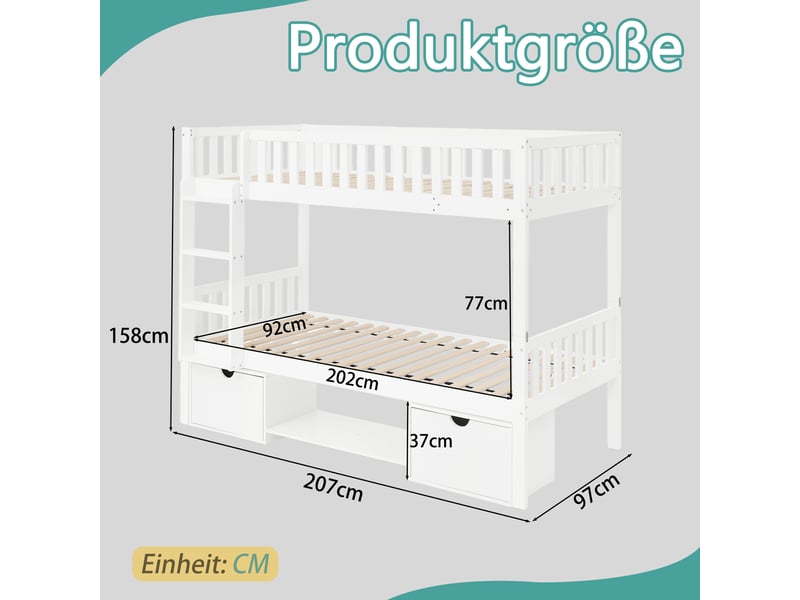Lit superposé enfant 90x200 cm en pin massif blanc, séparable, tiroirs et échelle - Conforama C