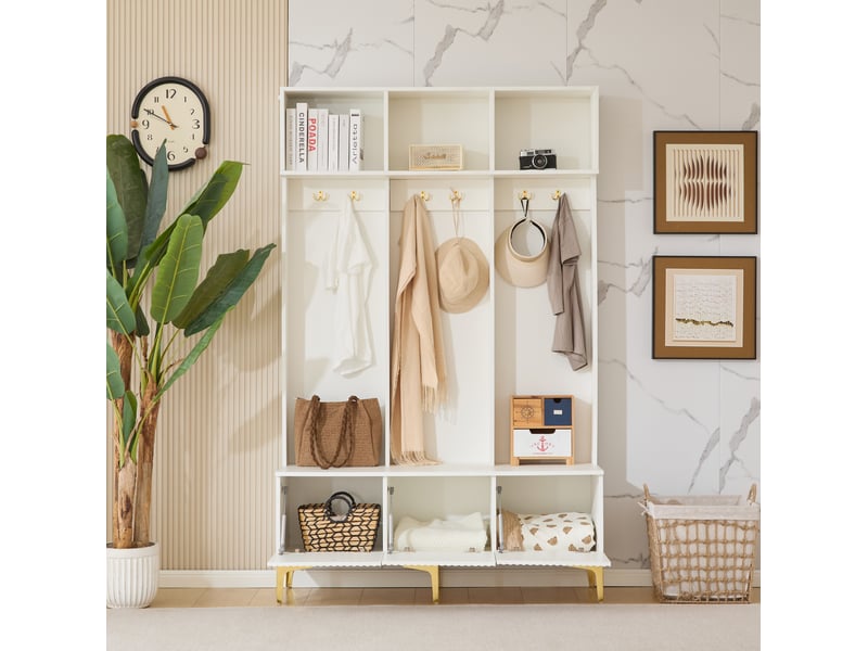 Meubles d'entrée avec banc coffre, rangements ouverts et 6 crochets dorés, pour couloir, blanc, 120 × 40 × 191 cm - Conforama D